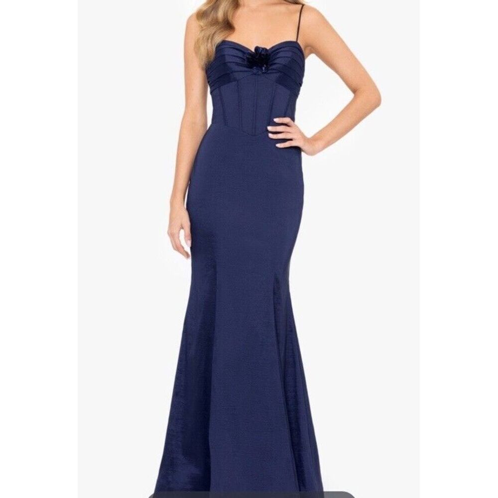 Blondie Nites Navy Prom Rosette Corset Evening Dress Gown Sz 1 Juniors 4695BN